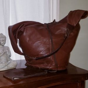 Brown leather boho bucket bag